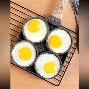 1pc Fry Pan For Egg, Non Stick Ham Pancake Maker w/ Wooden Handle, 4 holes